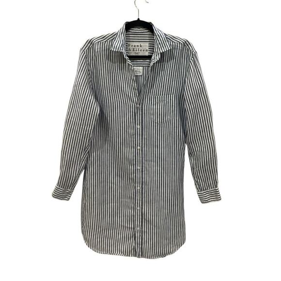 Frank & Eileen Mary Classic Linen Shirtdress In Navy Blue Stripe Size XS - Picture 3 of 10